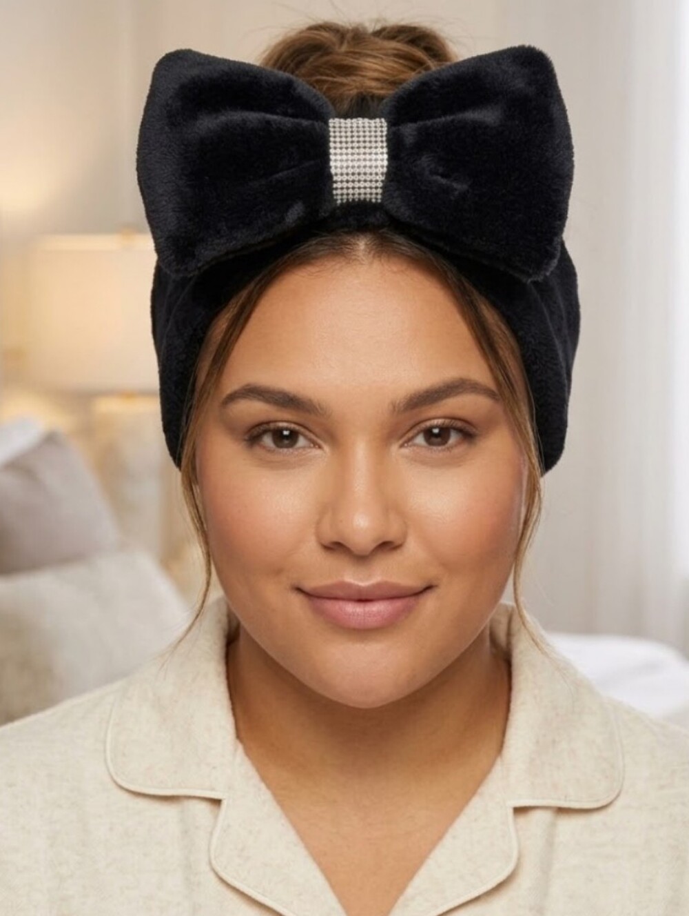 Gem Bella Black Plush  Rhinstones Bow Hair Spa  Elastic Head Band